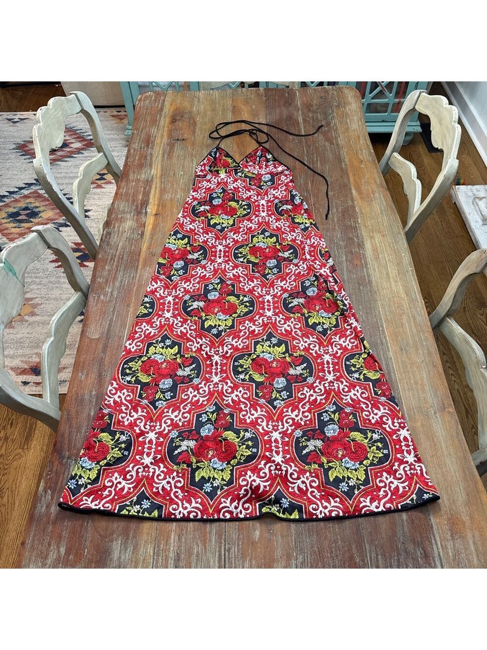 Red Floral Baroque Halter Maxi Dress Boho XS/S